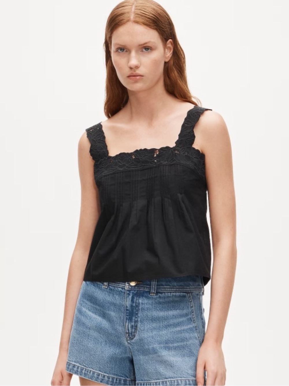 J. Crew Black Lace-Trim Square Neck Tank Top